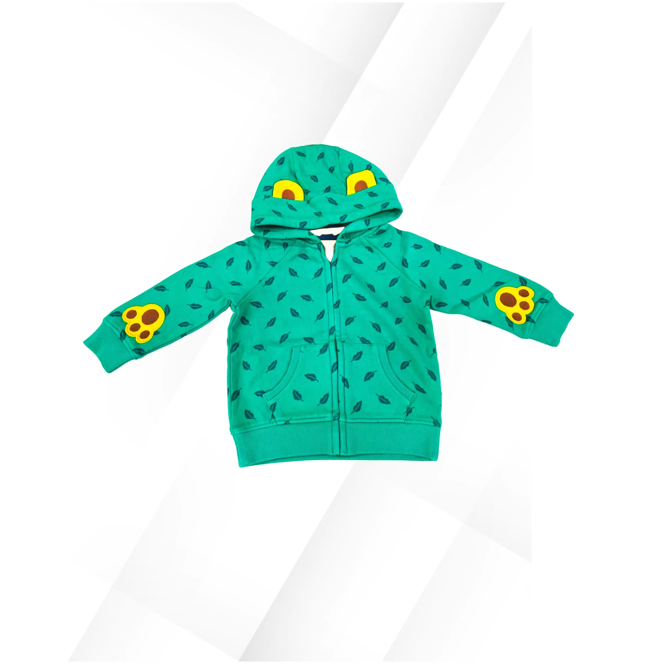 Frugi Kid's Long Sleeve Leaf Print Full zip Hoodie In Green