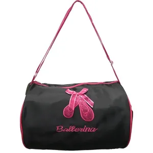 Girls Black Dark Pink Ballet Shoes Embroidery "Ballerina" Duffel Bag