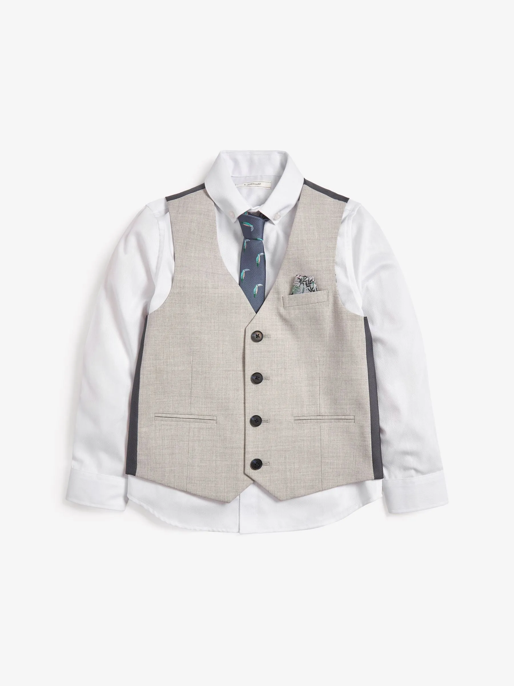 Grey Waistcoat, White Shirt & Tie Set Waistcoat (12mths-16yrs)