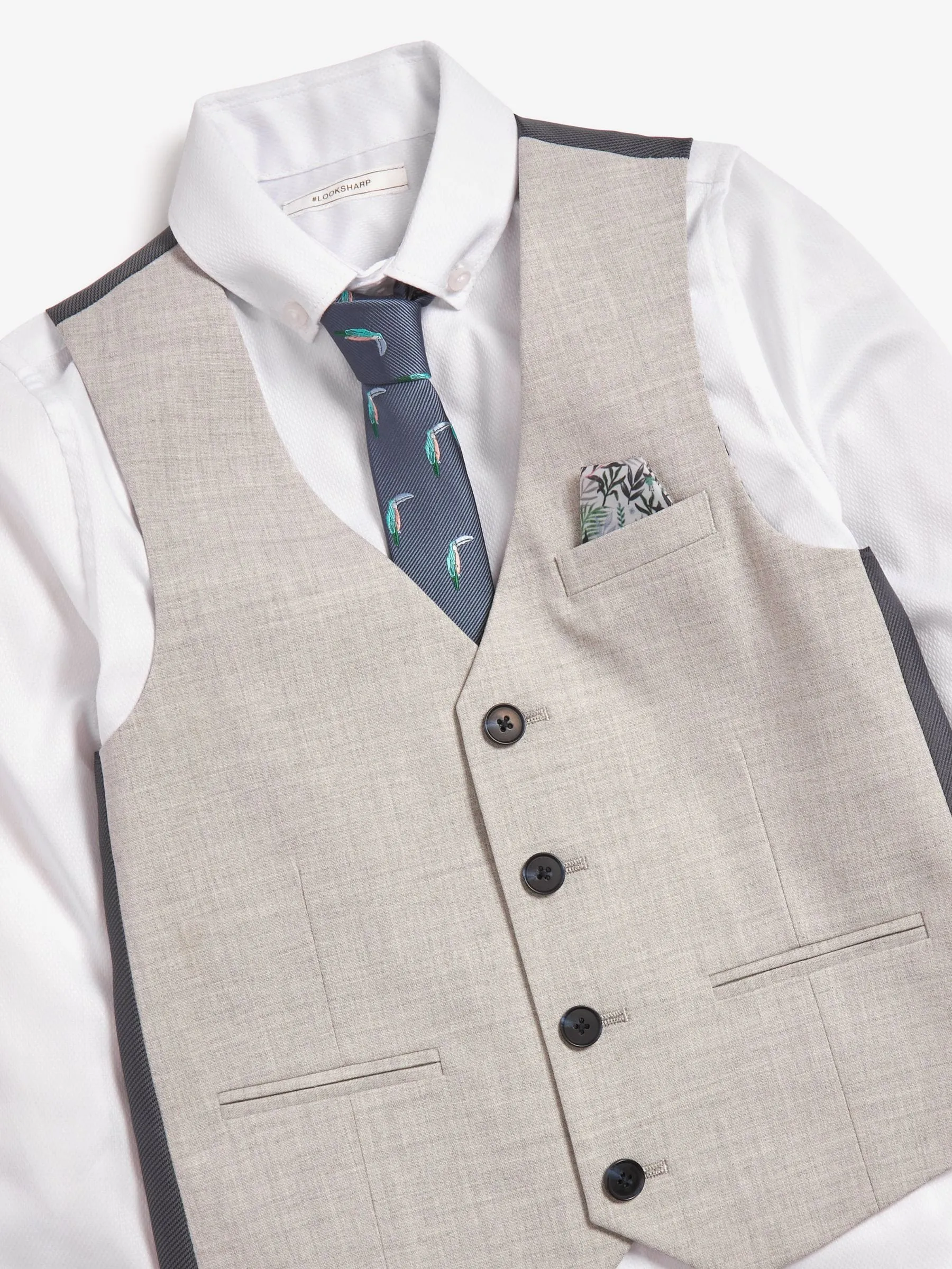 Grey Waistcoat, White Shirt & Tie Set Waistcoat (12mths-16yrs)