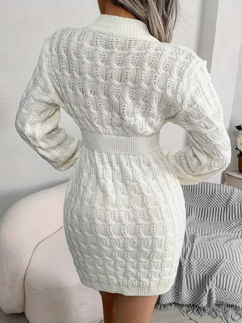 JazzHer Body-Con Cable Knit Crewneck Sweater Dress
