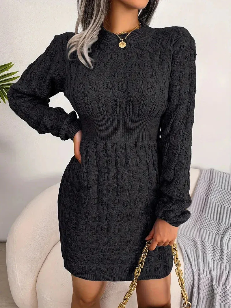 JazzHer Body-Con Cable Knit Crewneck Sweater Dress