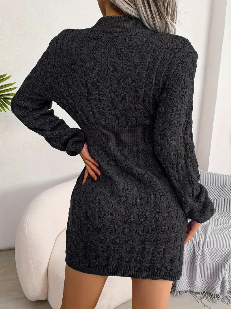 JazzHer Body-Con Cable Knit Crewneck Sweater Dress
