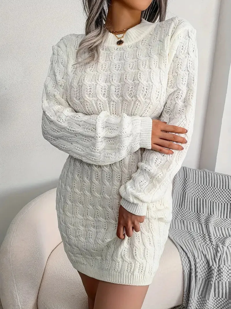 JazzHer Body-Con Cable Knit Crewneck Sweater Dress