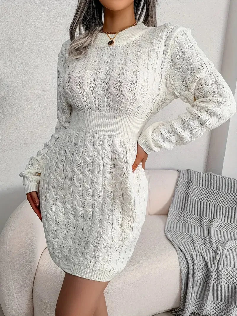 JazzHer Body-Con Cable Knit Crewneck Sweater Dress