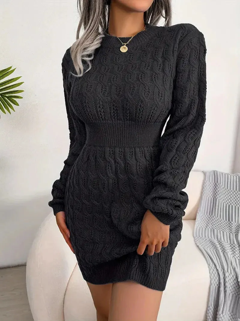 JazzHer Body-Con Cable Knit Crewneck Sweater Dress