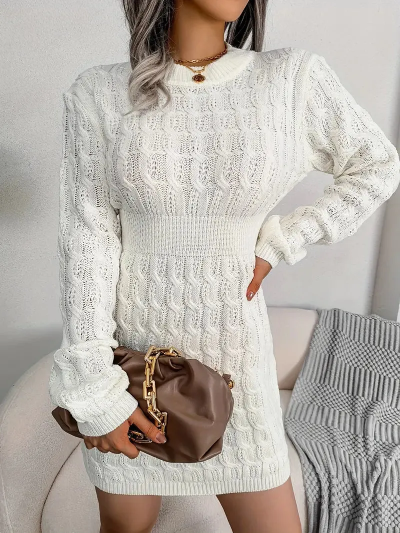 JazzHer Body-Con Cable Knit Crewneck Sweater Dress