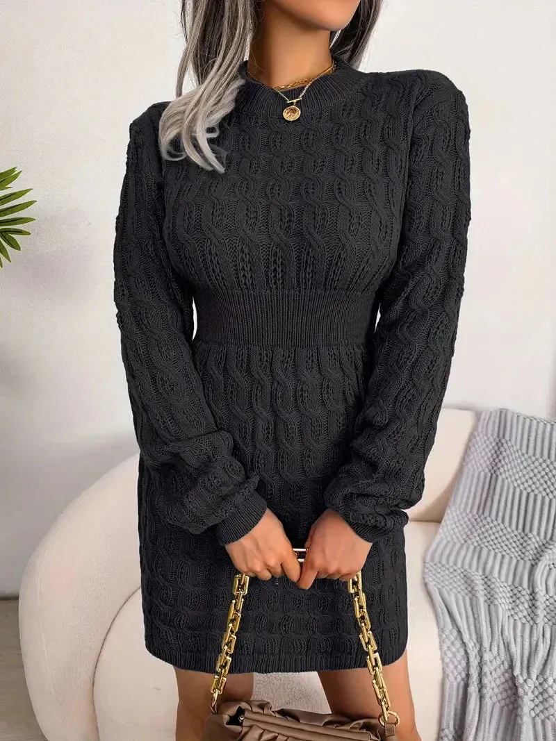 JazzHer Body-Con Cable Knit Crewneck Sweater Dress