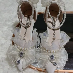 JOSKAA Handmade French Lace Girl Elegant Lolita Elegant Pointed Thin High Heels Versatile Wedding Shoes For Women New Fashion