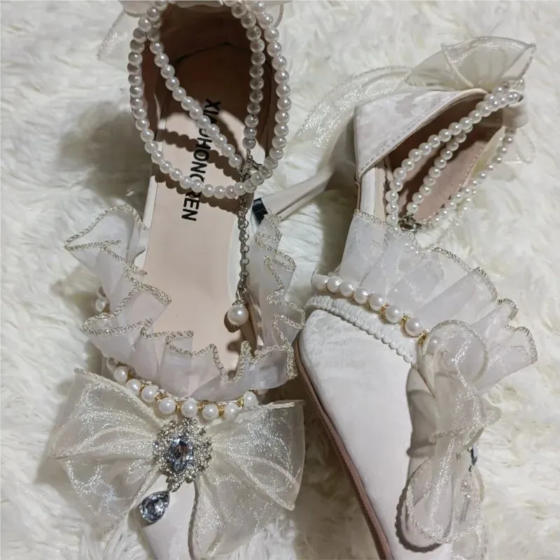 JOSKAA Handmade French Lace Girl Elegant Lolita Elegant Pointed Thin High Heels Versatile Wedding Shoes For Women New Fashion