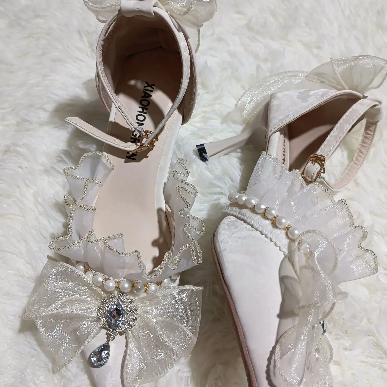 JOSKAA Handmade French Lace Girl Elegant Lolita Elegant Pointed Thin High Heels Versatile Wedding Shoes For Women New Fashion