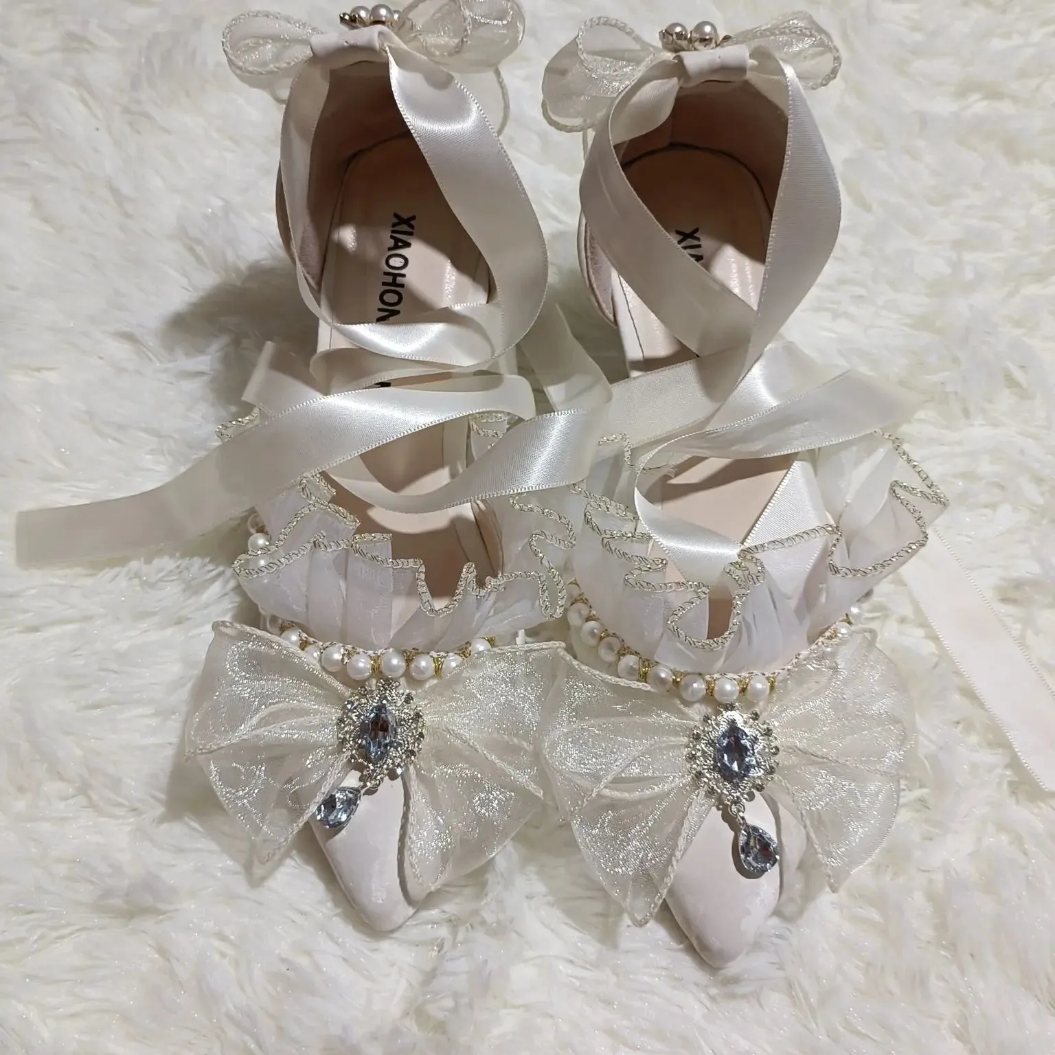 JOSKAA Handmade French Lace Girl Elegant Lolita Elegant Pointed Thin High Heels Versatile Wedding Shoes For Women New Fashion
