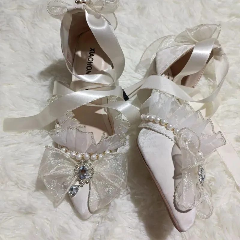 JOSKAA Handmade French Lace Girl Elegant Lolita Elegant Pointed Thin High Heels Versatile Wedding Shoes For Women New Fashion
