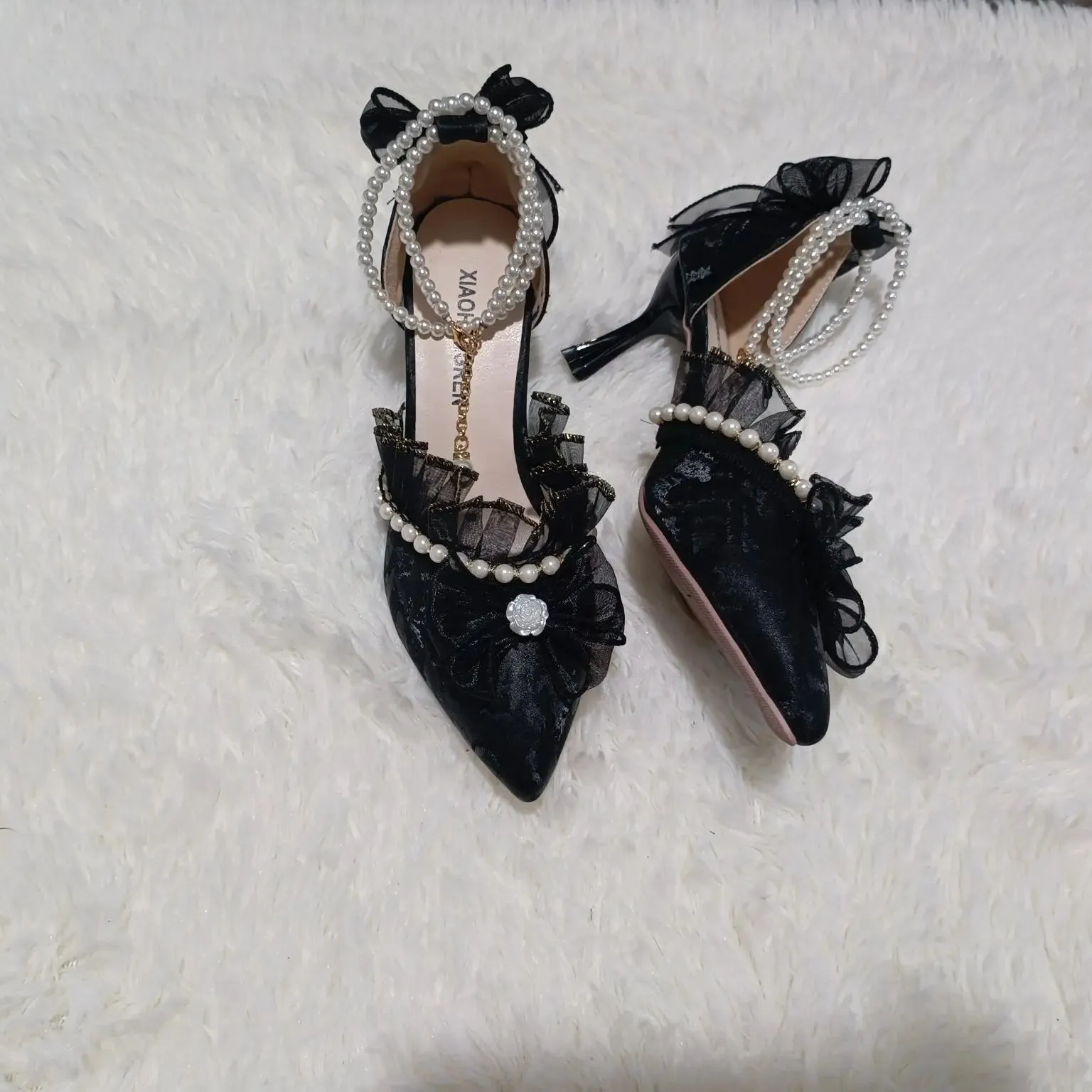 JOSKAA Handmade French Lace Girl Elegant Lolita Elegant Pointed Thin High Heels Versatile Wedding Shoes For Women New Fashion