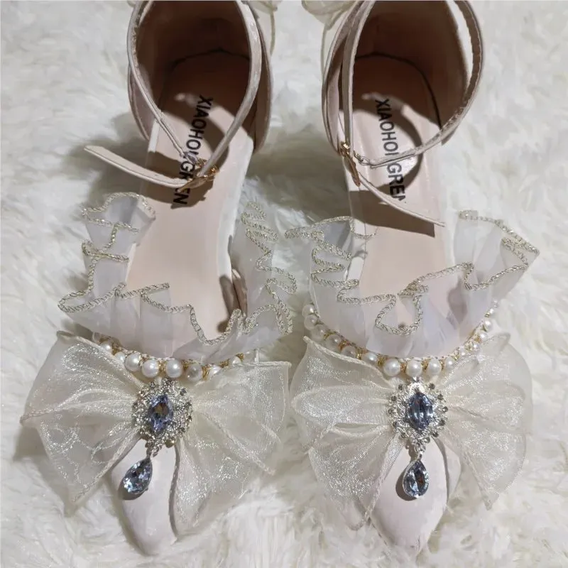 JOSKAA Handmade French Lace Girl Elegant Lolita Elegant Pointed Thin High Heels Versatile Wedding Shoes For Women New Fashion