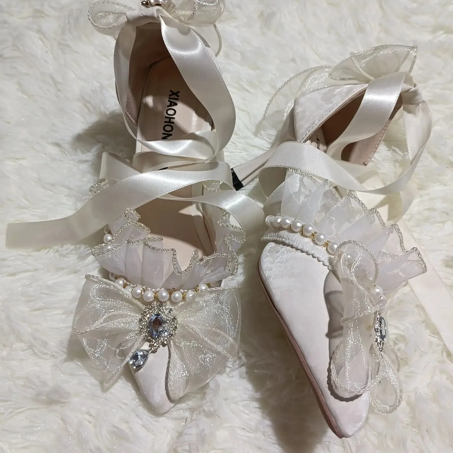 JOSKAA Handmade French Lace Girl Elegant Lolita Elegant Pointed Thin High Heels Versatile Wedding Shoes For Women New Fashion