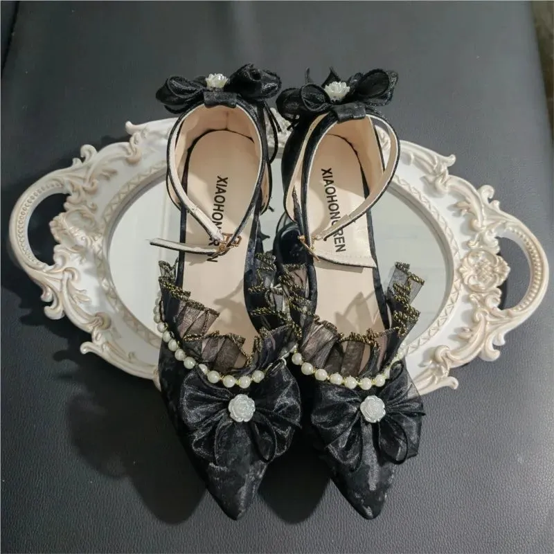 JOSKAA Handmade French Lace Girl Elegant Lolita Elegant Pointed Thin High Heels Versatile Wedding Shoes For Women New Fashion