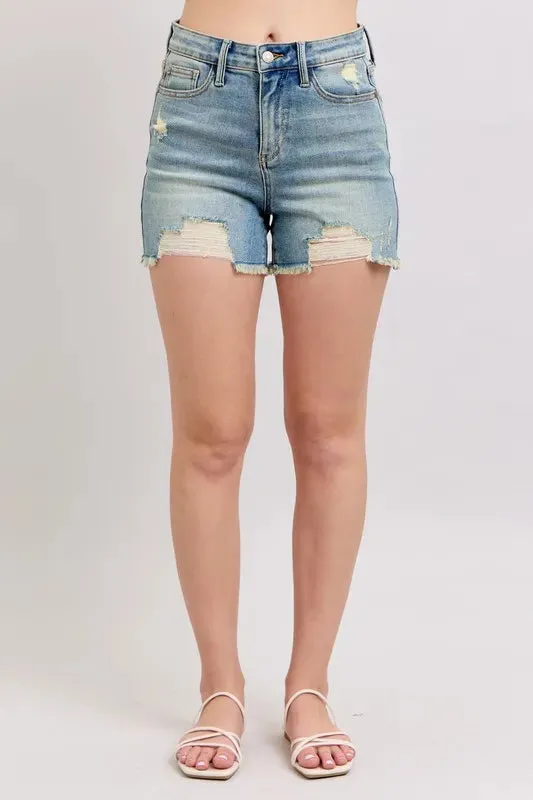 Judy Blue High Rise Washed Fly Stitch Detail and Destroy Denim Shorts In Medium Wash