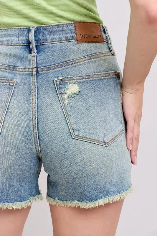 Judy Blue High Rise Washed Fly Stitch Detail and Destroy Denim Shorts In Medium Wash