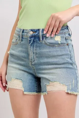 Judy Blue High Rise Washed Fly Stitch Detail and Destroy Denim Shorts In Medium Wash