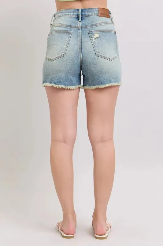Judy Blue High Rise Washed Fly Stitch Detail and Destroy Denim Shorts In Medium Wash