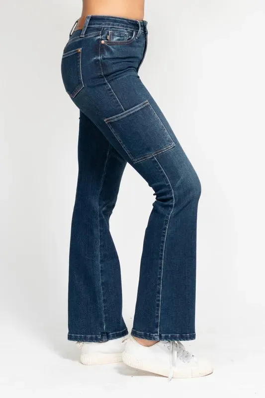 Judy Blue High Waist Cargo Bootcut Jeans In Dark Wash