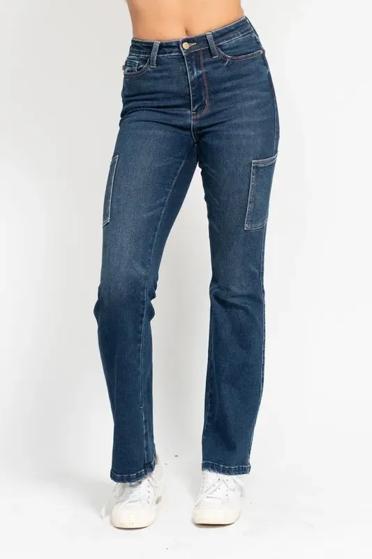 Judy Blue High Waist Cargo Bootcut Jeans In Dark Wash