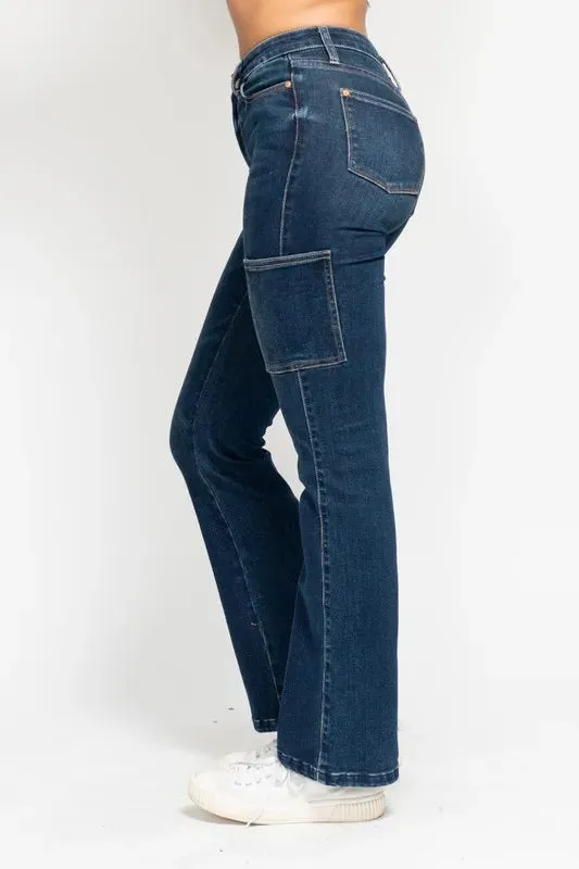 Judy Blue High Waist Cargo Bootcut Jeans In Dark Wash