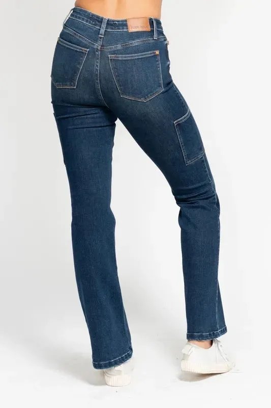 Judy Blue High Waist Cargo Bootcut Jeans In Dark Wash