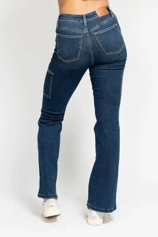 Judy Blue High Waist Cargo Bootcut Jeans In Dark Wash