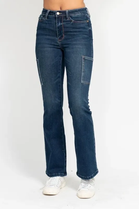 Judy Blue High Waist Cargo Bootcut Jeans In Dark Wash