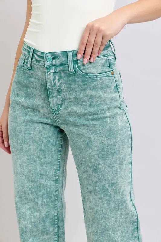Judy Blue High Waist Garment Dyed Raw Hem Dad Jeans In Sea Green