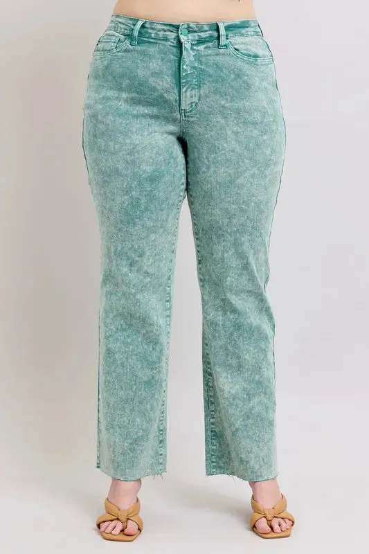 Judy Blue High Waist Garment Dyed Raw Hem Dad Jeans In Sea Green