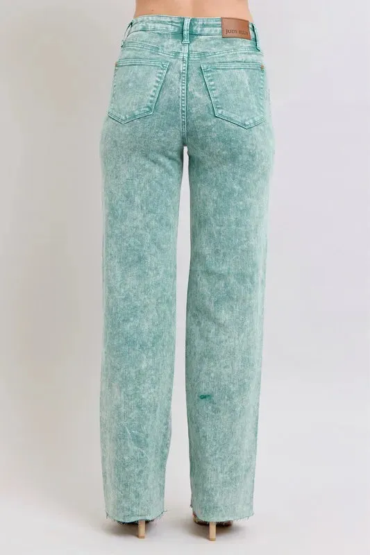 Judy Blue High Waist Garment Dyed Raw Hem Dad Jeans In Sea Green