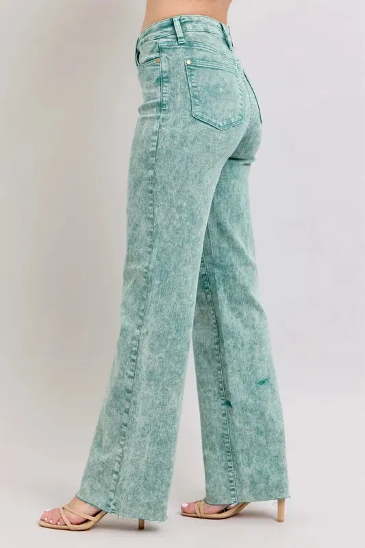 Judy Blue High Waist Garment Dyed Raw Hem Dad Jeans In Sea Green