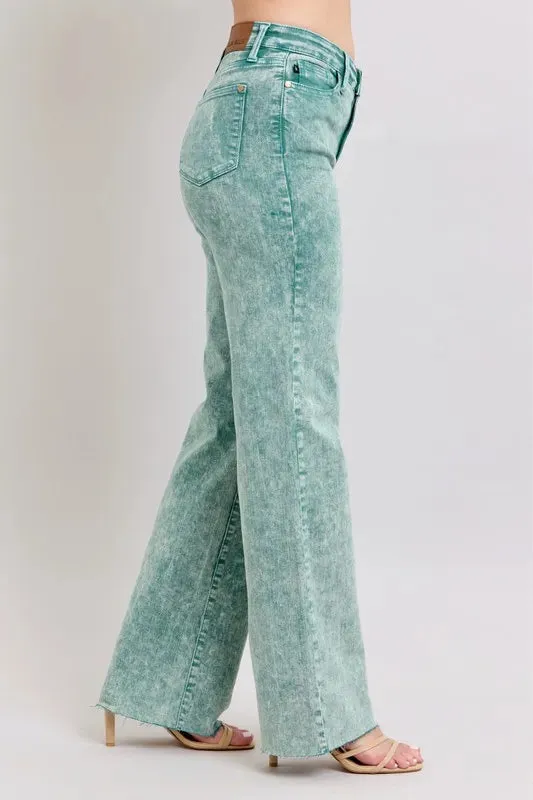 Judy Blue High Waist Garment Dyed Raw Hem Dad Jeans In Sea Green