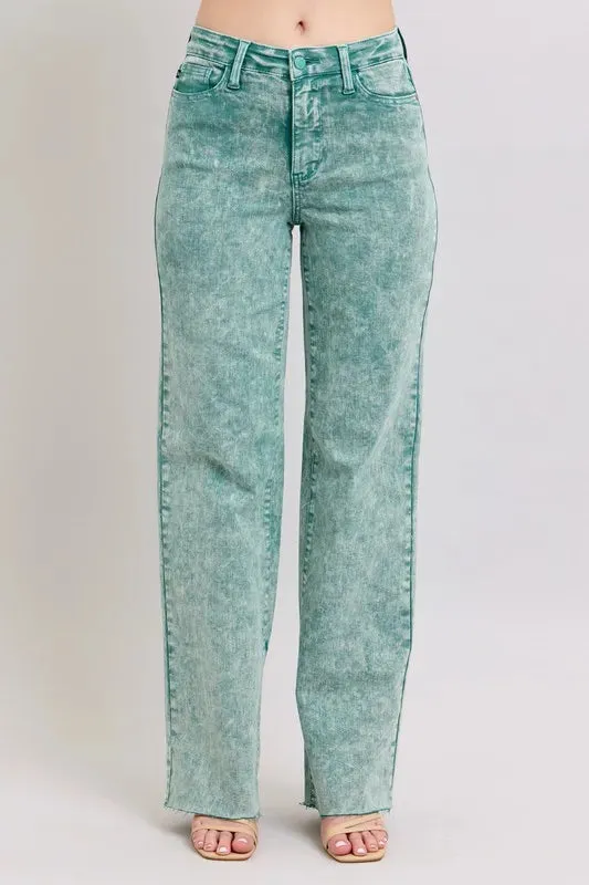 Judy Blue High Waist Garment Dyed Raw Hem Dad Jeans In Sea Green