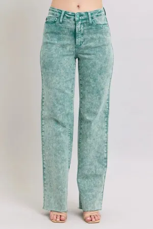 Judy Blue High Waist Garment Dyed Raw Hem Dad Jeans In Sea Green