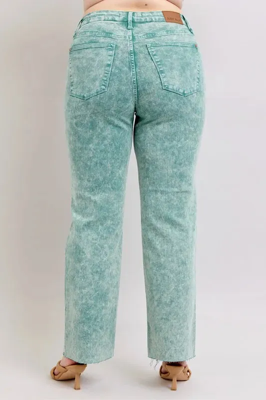 Judy Blue High Waist Garment Dyed Raw Hem Dad Jeans In Sea Green
