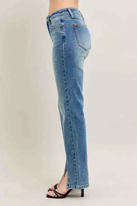 Judy Blue High Waist Vintage Wash Front Seam & Slit Straight Jeans In Medium Wash
