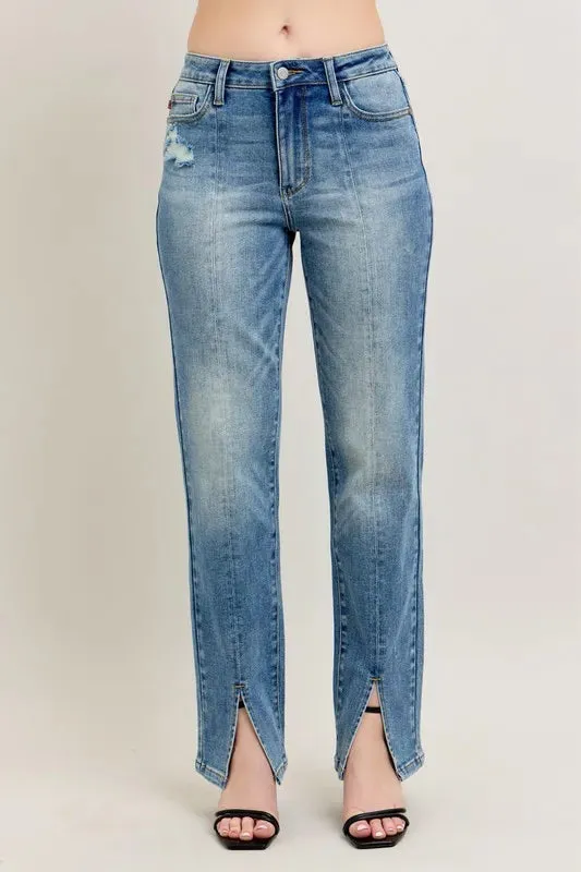 Judy Blue High Waist Vintage Wash Front Seam & Slit Straight Jeans In Medium Wash