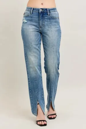 Judy Blue High Waist Vintage Wash Front Seam & Slit Straight Jeans In Medium Wash