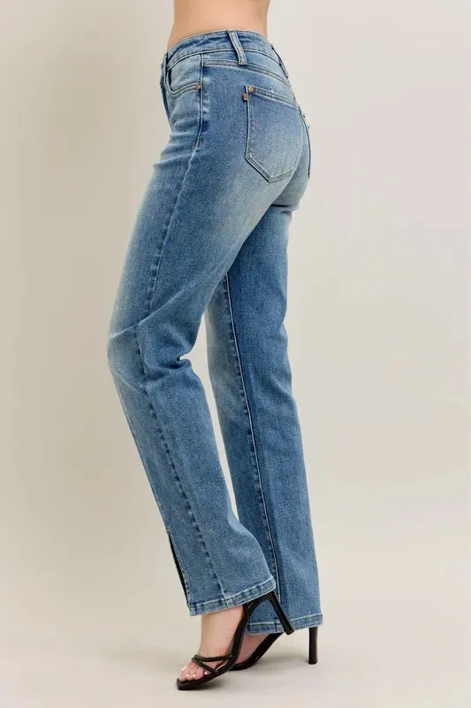Judy Blue High Waist Vintage Wash Front Seam & Slit Straight Jeans In Medium Wash