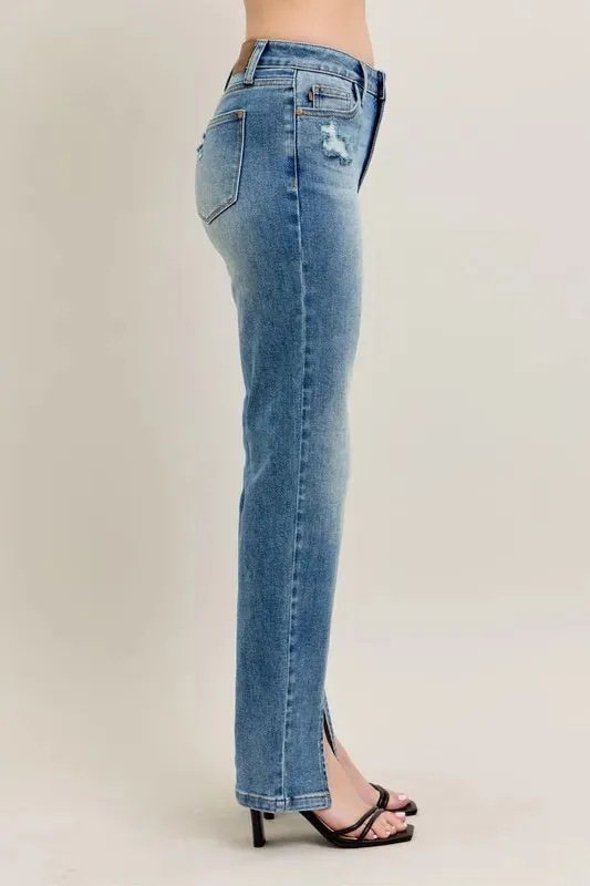 Judy Blue High Waist Vintage Wash Front Seam & Slit Straight Jeans In Medium Wash