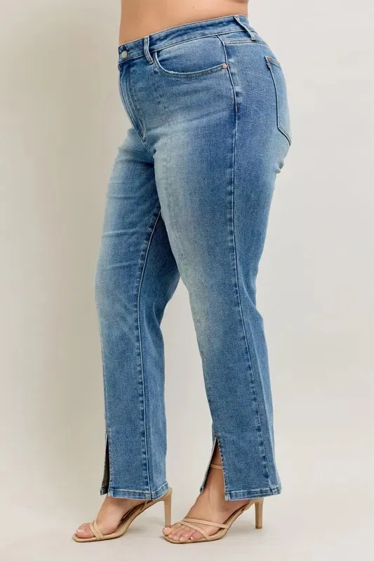 Judy Blue High Waist Vintage Wash Front Seam & Slit Straight Jeans In Medium Wash