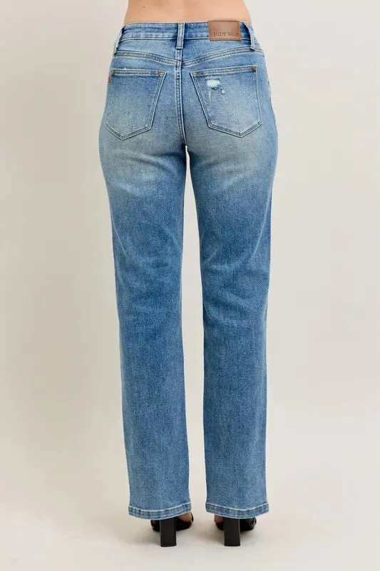 Judy Blue High Waist Vintage Wash Front Seam & Slit Straight Jeans In Medium Wash