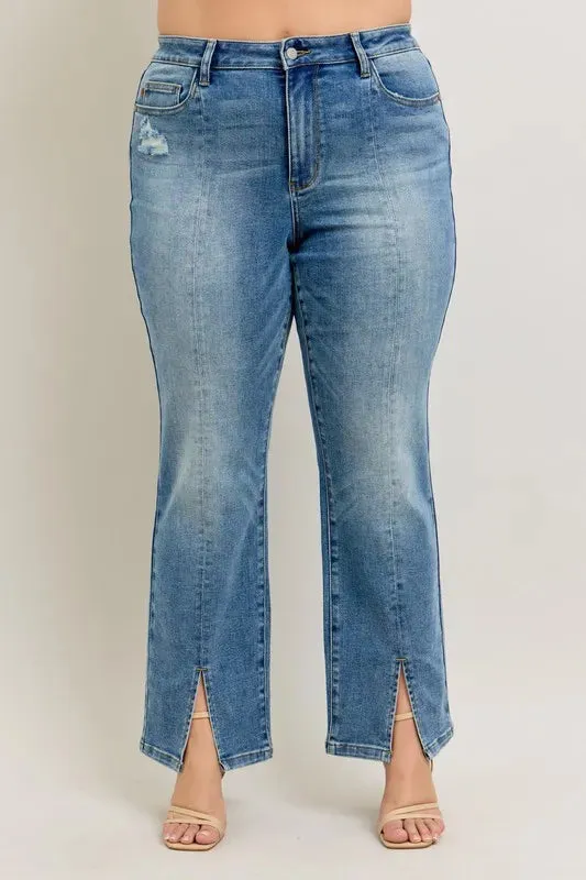 Judy Blue High Waist Vintage Wash Front Seam & Slit Straight Jeans In Medium Wash