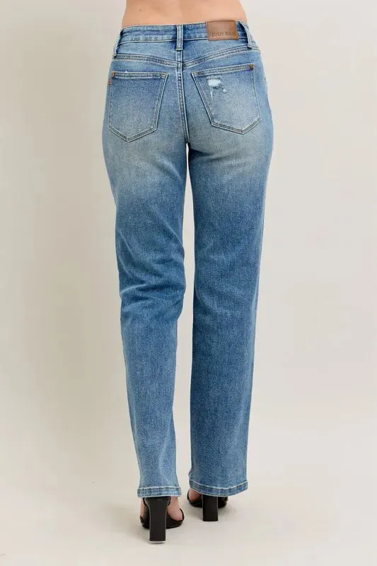 Judy Blue High Waist Vintage Wash Front Seam & Slit Straight Jeans In Medium Wash