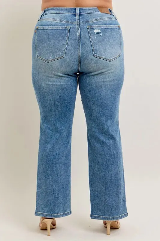 Judy Blue High Waist Vintage Wash Front Seam & Slit Straight Jeans In Medium Wash