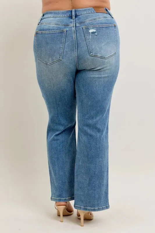 Judy Blue High Waist Vintage Wash Front Seam & Slit Straight Jeans In Medium Wash